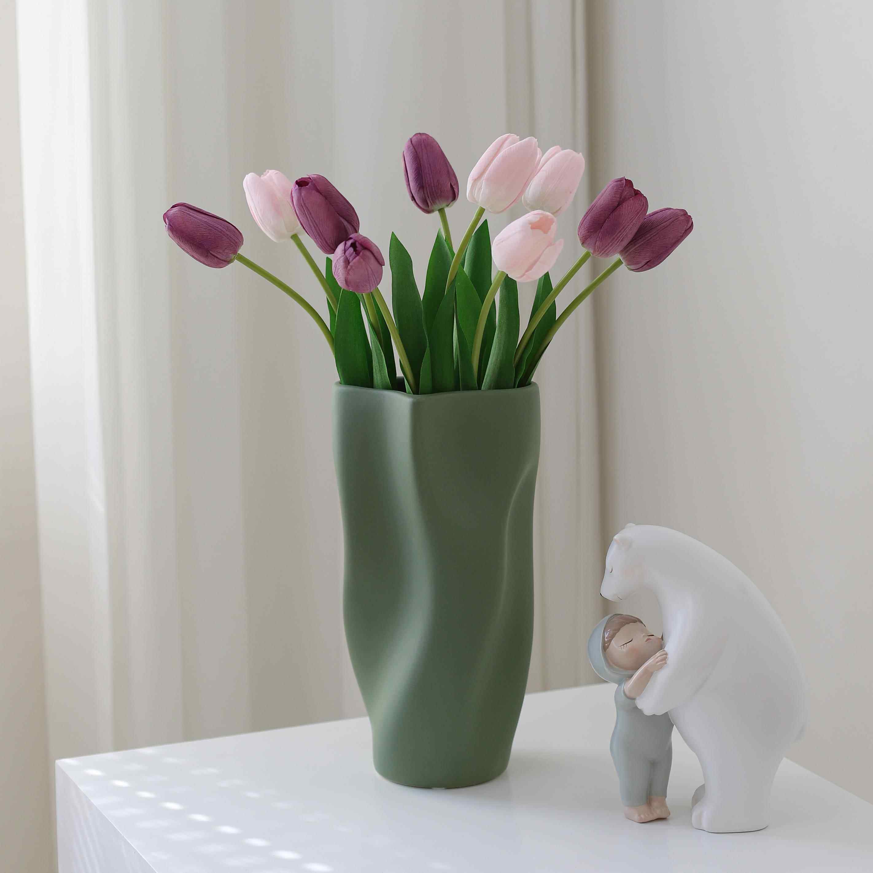 高档高级莫兰迪高端绿色陶瓷花瓶摆件餐客厅桌插花小装众设计感感