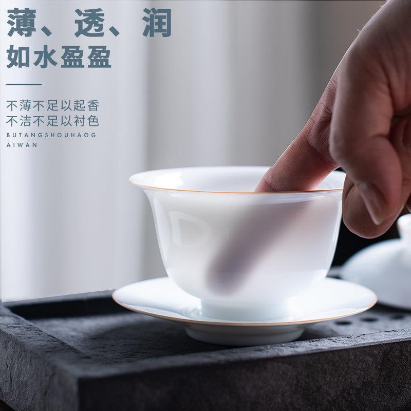 集正 甜白薄胎三才盖碗透光茶杯德化白瓷功夫茶具玉瓷单个敬茶碗