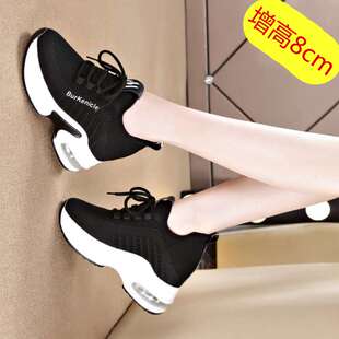 女士黑色运动鞋内增高厚底坡跟松糕跟休闲鞋旅游鞋女土春天的0112