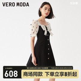 veromoda连衣裙，2023秋冬时尚气质甜美优雅方领收腰蝴蝶结▲