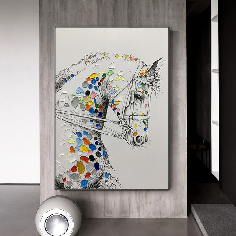 手绘油画动物五彩骏马儿童房挂画客厅装饰画大象鹿轻奢玄关背景画图片