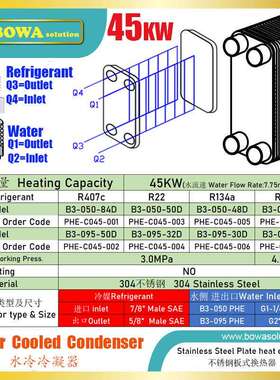 45KW不锈钢板换冷凝器用于13P涡旋压缩机，如ZR160 & ZP154KCE