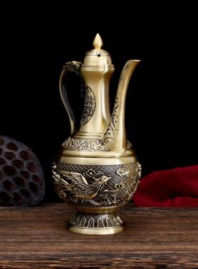 黄铜浮龙壶凤酒摆轻奢铜酒壶家居装饰E112-2-1品雕铜龙凤酒壶件