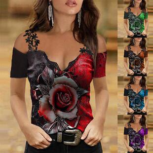 Women Short shirt Top Lace Shoulder One Sleeve