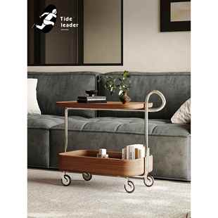 Tide leader中古风胡桃木移动边几带轮餐车小推车沙发边桌小茶几