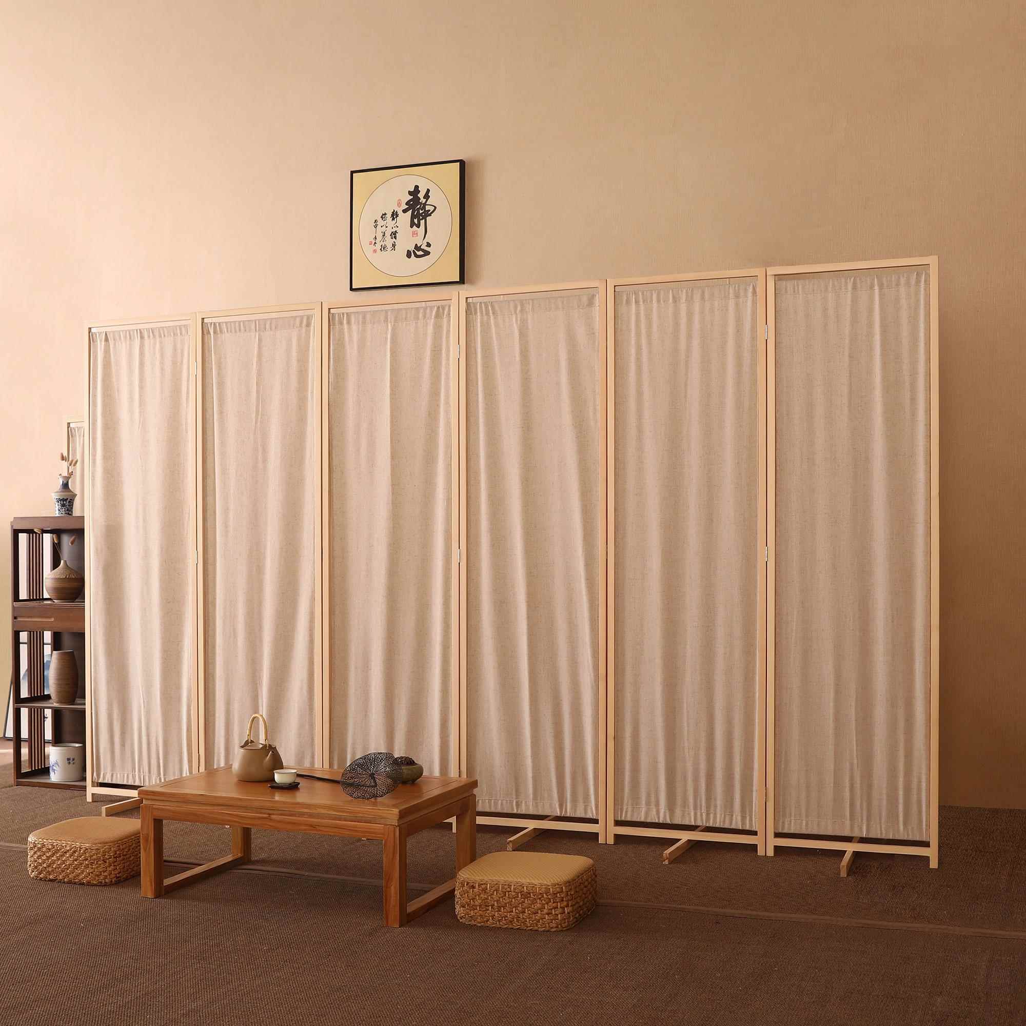 正品式实木隔亚麻艺屏风入户断客厅玄关现代布简中约民俗田园布艺