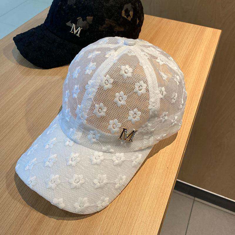 夏季帽子女镂空蕾丝花朵水钻标鸭舌帽薄款透气网帽防晒遮阳0530e