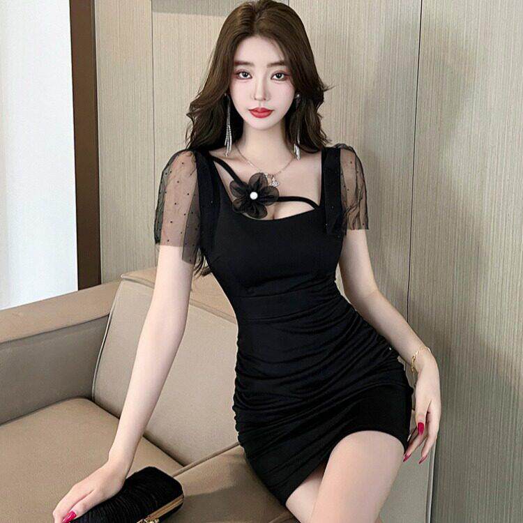 夜场女装夜场上班衣服气质工作服黑色性感方领短款紧身包臀连衣裙