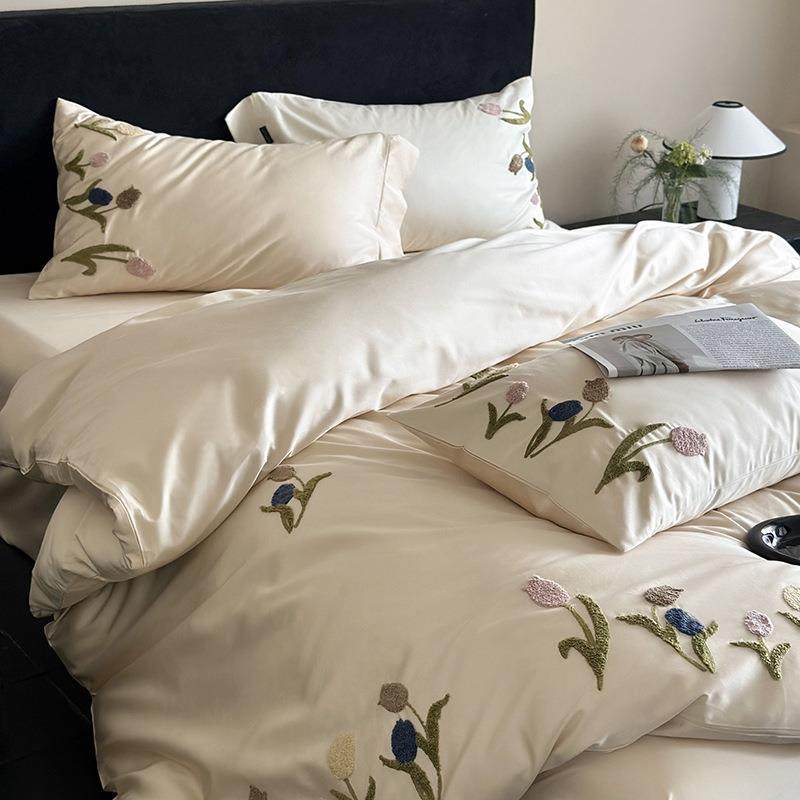 棉小清新100S单纯全棉床四件套巾被套贡缎毛刺绣202824104新款床