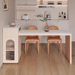 法式 岛台餐桌一体可伸缩家用奶油风多功能带电磁炉岩板餐桌小户型