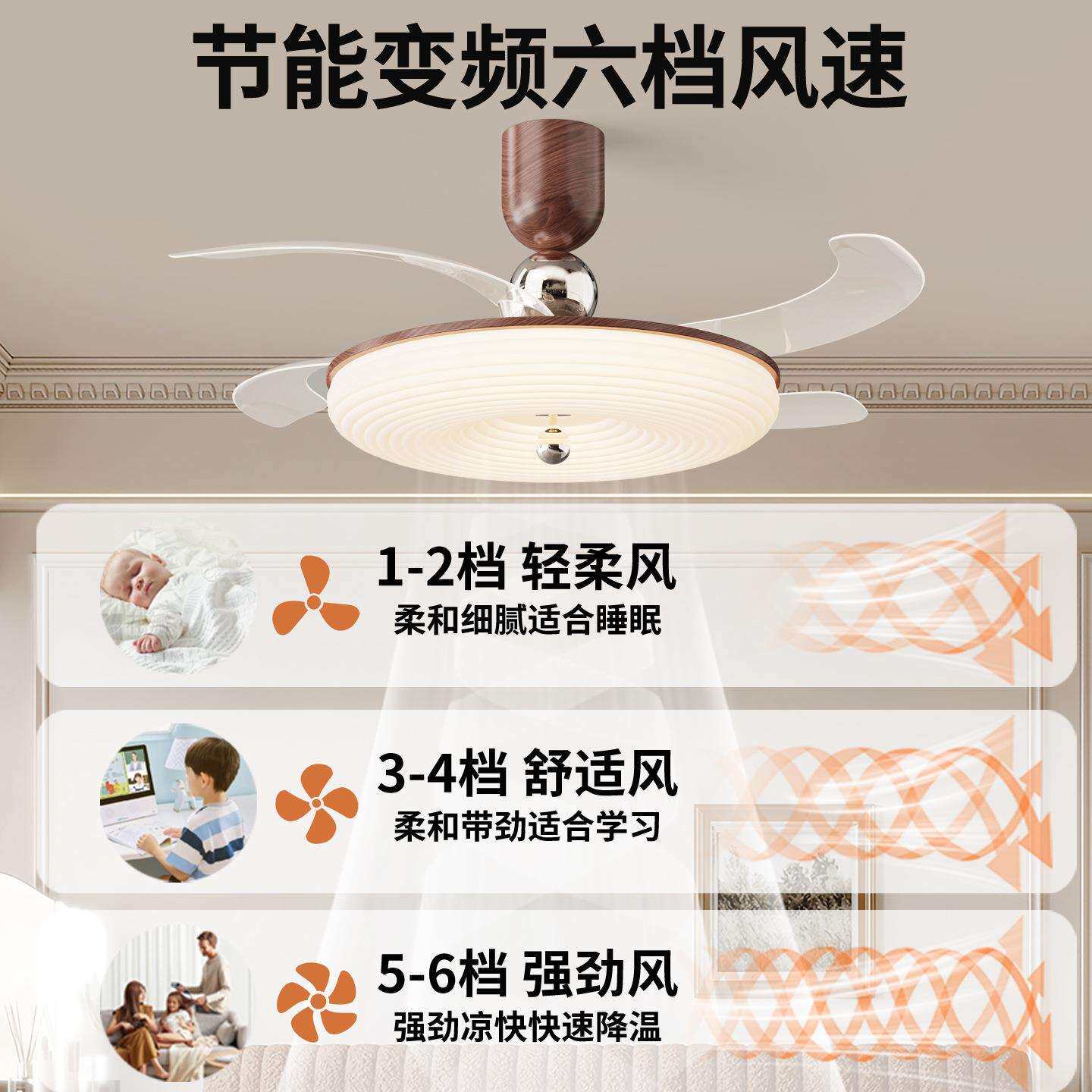 中古风扇灯温馨波浪圆形超薄护眼大风力静音隐形卧室中山灯具412L
