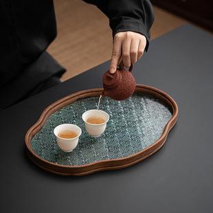 圆角海棠玻璃托盘创意家用客厅竹制茶盘水果点心收纳奉茶礼 新中式