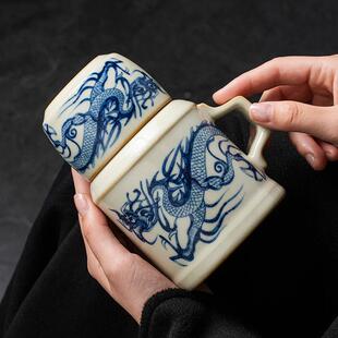 汝窑青花龙纹小暖壶陶瓷户外旅行茶具套装快客杯带盖便捷式制加印