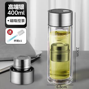 磁吸茶水分离杯子双层防办公室玻璃水杯2024新款男士磁弹泡茶杯