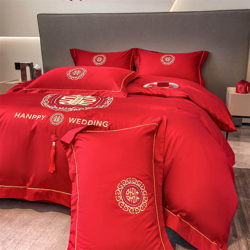 高端刺绣裸睡婚庆四件套 水洗磨毛红色新婚嫁妆结婚四件套直销