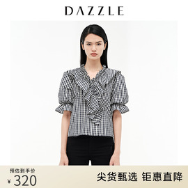 dazzle地素奥莱法式泡泡袖荷叶，边格纹衬衫上衣女2d3d3193s