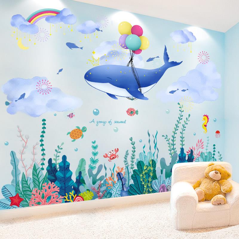 卡通海洋鱼墙贴纸幼儿园卧室墙面装饰海豚贴画防水游泳馆双面贴图片
