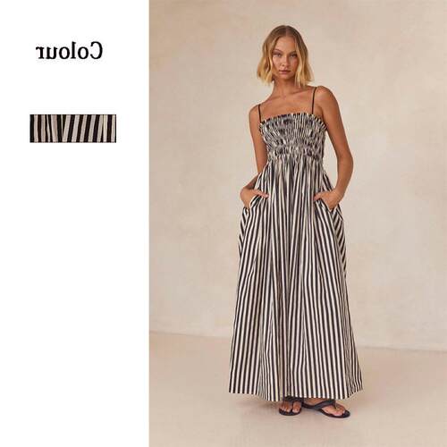Maxi Dress In Black And Beige Stripe ﻿women Slip Sleeveless