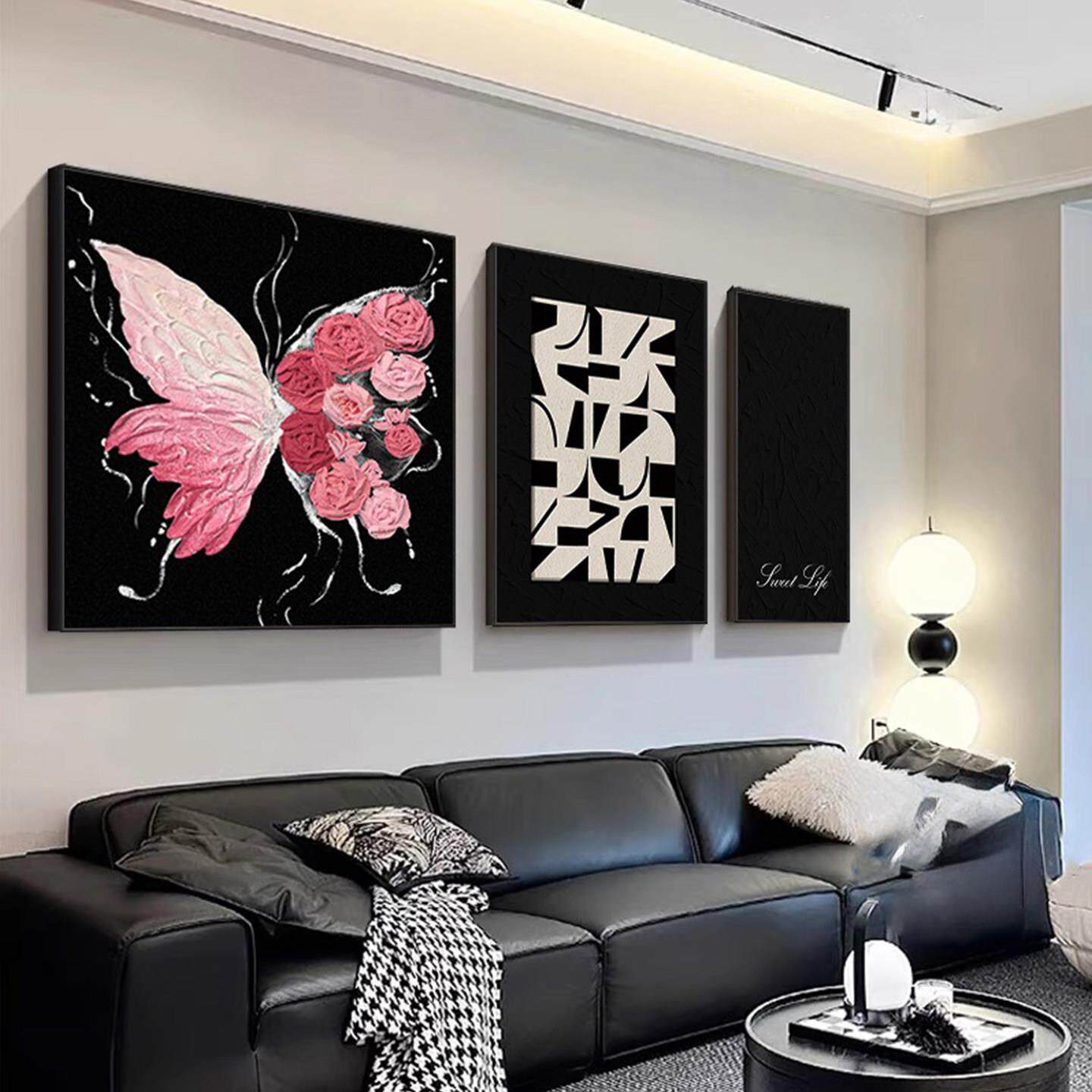 现代简约蝴蝶客厅装饰画沙发背景墙黑白灰轻奢壁画高级感饭厅挂画
