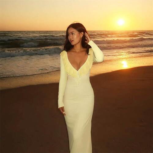 Ruffle long sleeved elastic dress with hip wrap