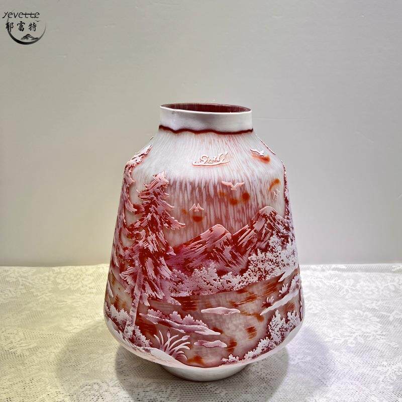 中式格雷动物风景立体浮雕工艺玻璃花瓶高级艺术多层套料吹制琉璃