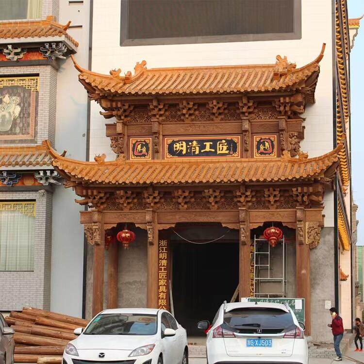 东阳木雕中式彷古实木屋簷古建门头招牌斗拱飞檐翘角装饰门楼定制