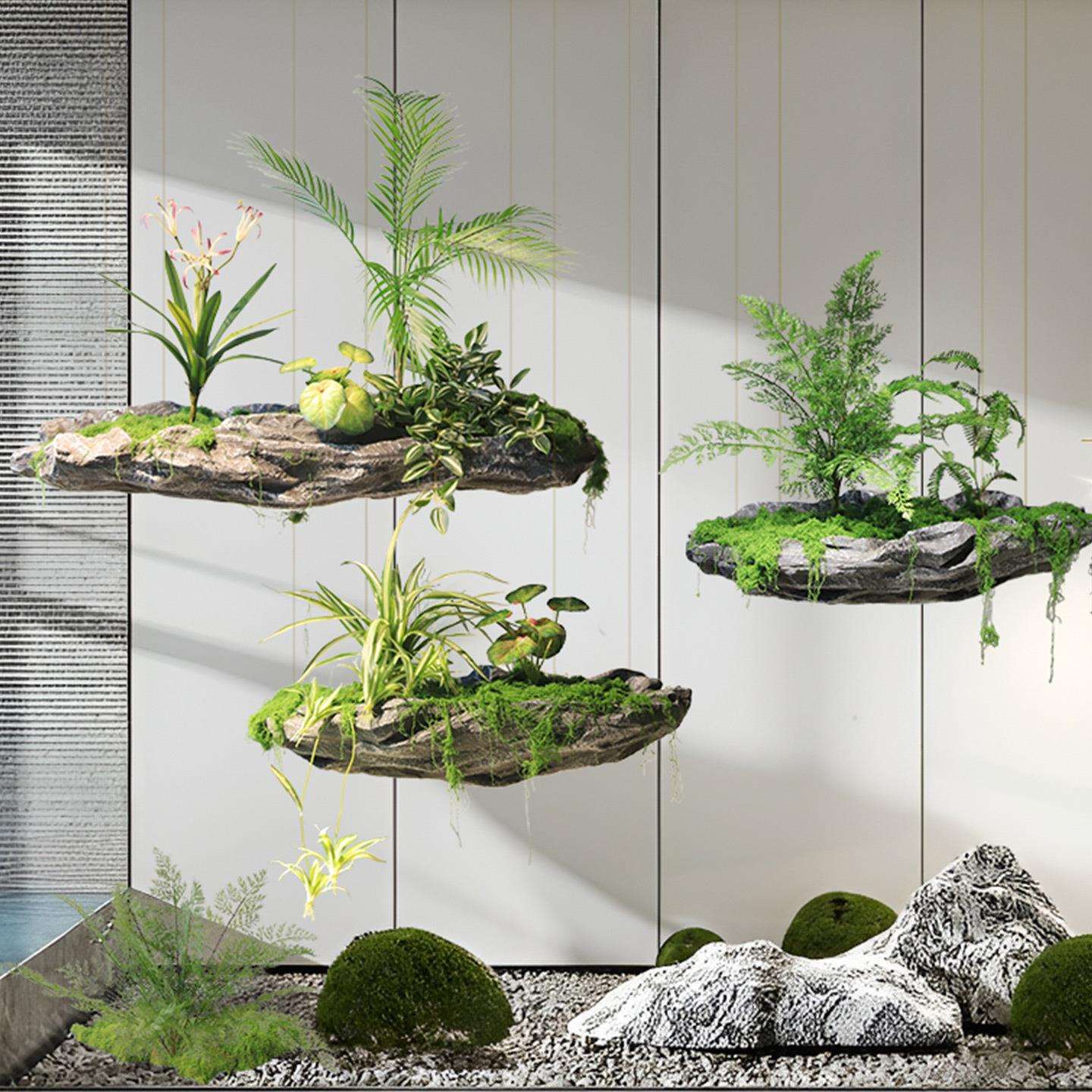 梦幻悬浮岛景观绿植假山石悬挂苔藓植物造景商业橱窗创意装饰石头