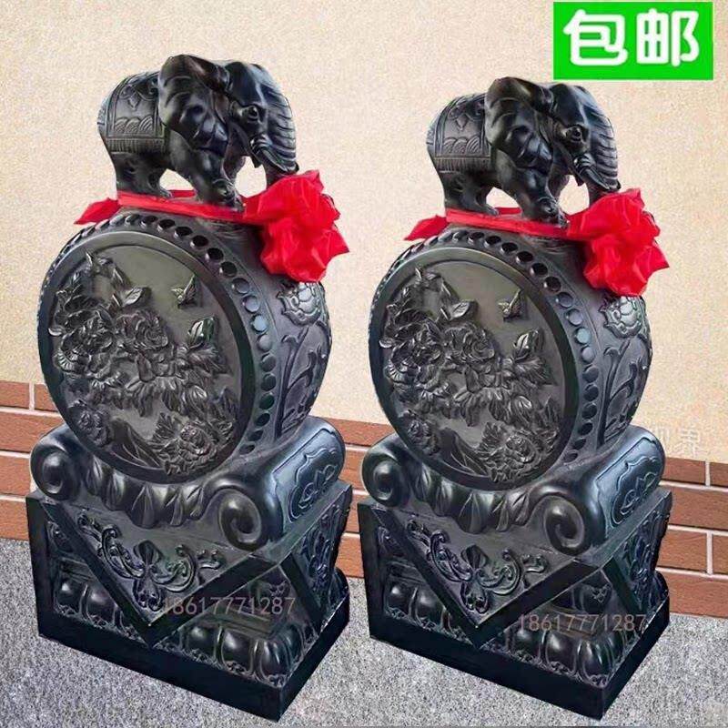 石雕门墩抱鼓石一对天然青石小象石鼓貔貅狮子大理石庭院门口摆件