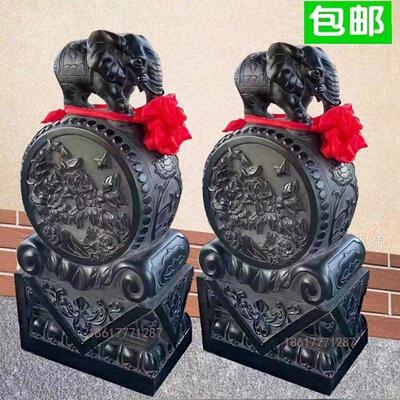 石雕门墩抱鼓石一对天然青石小象石鼓貔貅狮子大理石庭院门口摆件