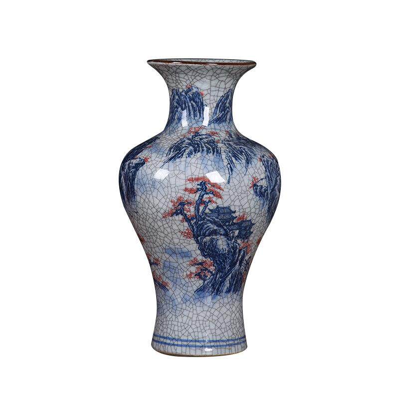 陶瓷工艺品装饰摆件仿古青花山水开片裂纹釉官窑花瓶花插时尚摆件