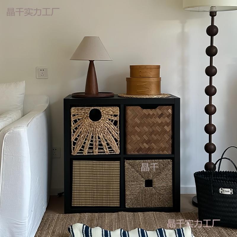 中古风四格柜黑色卡莱克格子柜客厅沙发边柜书柜落地置物架小柜子