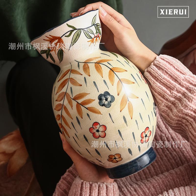 欧美田园风陶瓷手绘花瓶现代轻奢北欧插花花器客厅样板间家居装饰