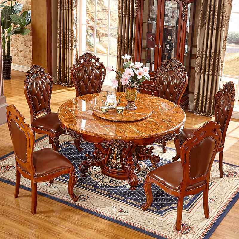 欧式圆餐桌实木带转盘餐台大理石餐桌椅组合别墅古典家用圆桌饭桌
