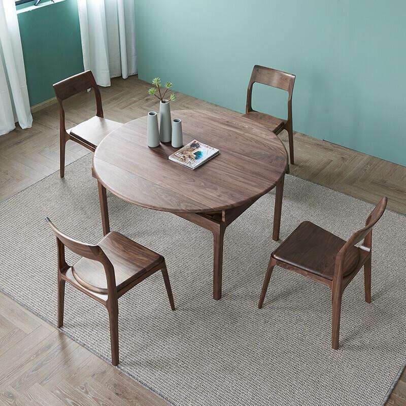 北欧全实木餐桌现代简约伸缩折叠圆桌子黑胡桃木家用饭桌