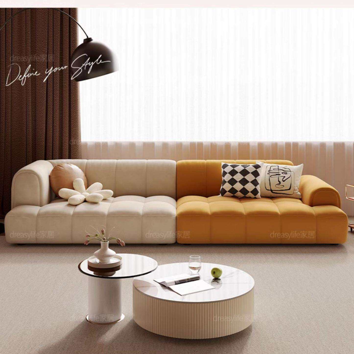 泡芙布艺沙发现代简约客厅直排小户型钢琴键豆腐块奶油猫抓布沙发