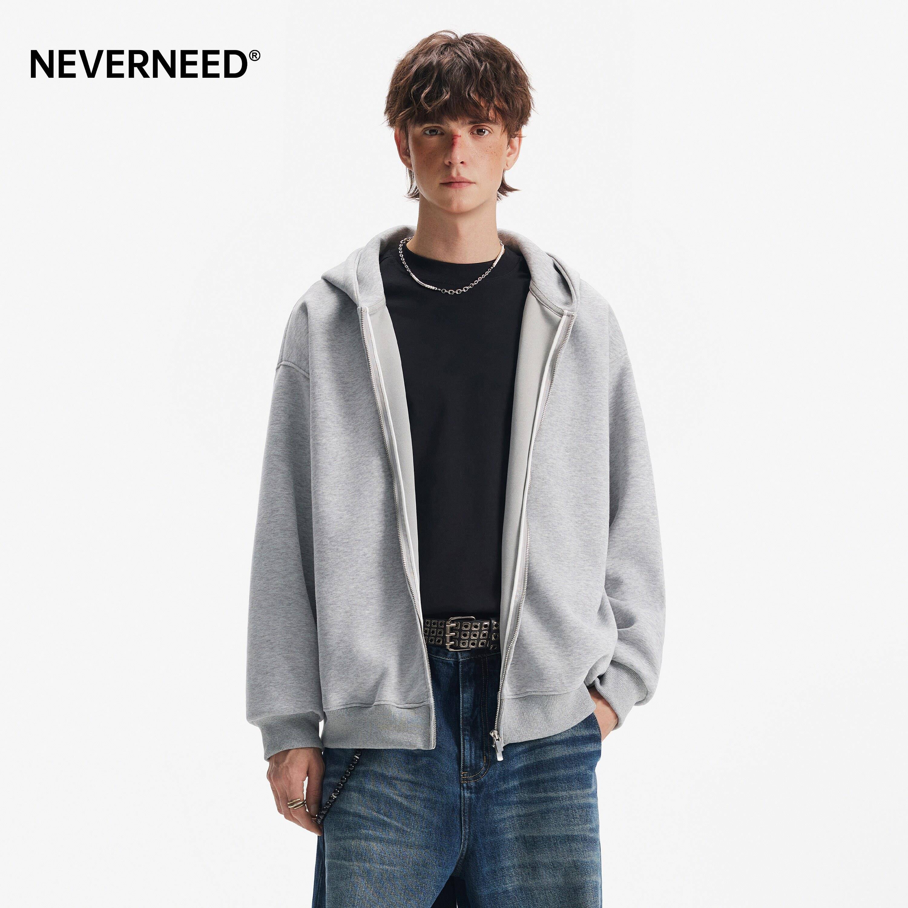 NEVERNEED重磅连帽卫衣男女春季美式cleanfit双拉链情侣纯色外套图片