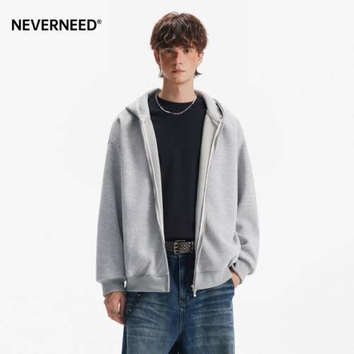 NEVERNEED重磅连帽卫衣男女春季美式cleanfit双拉链情侣纯色外套