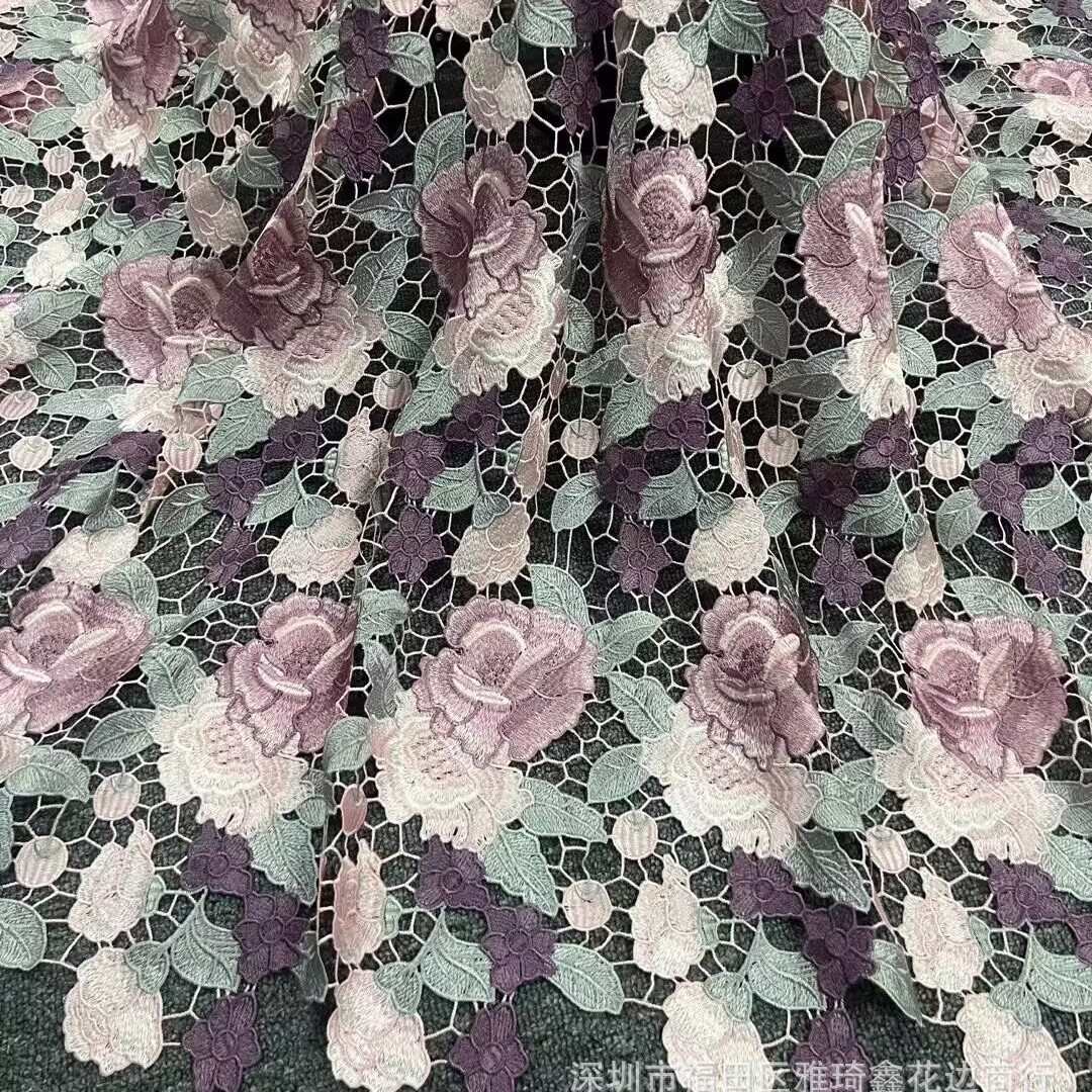 外贸立体浮涤纶绣花布料彩色网纱刺绣多色立体花网纱花边面料贴花