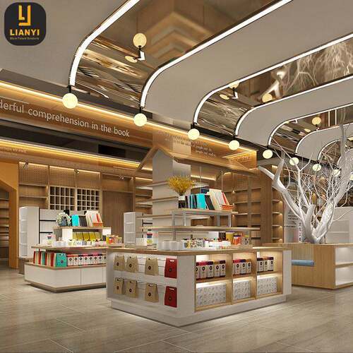 连亿厂家书店书柜定制中纤板墙面架图书馆书柜商品文具中岛展示台
