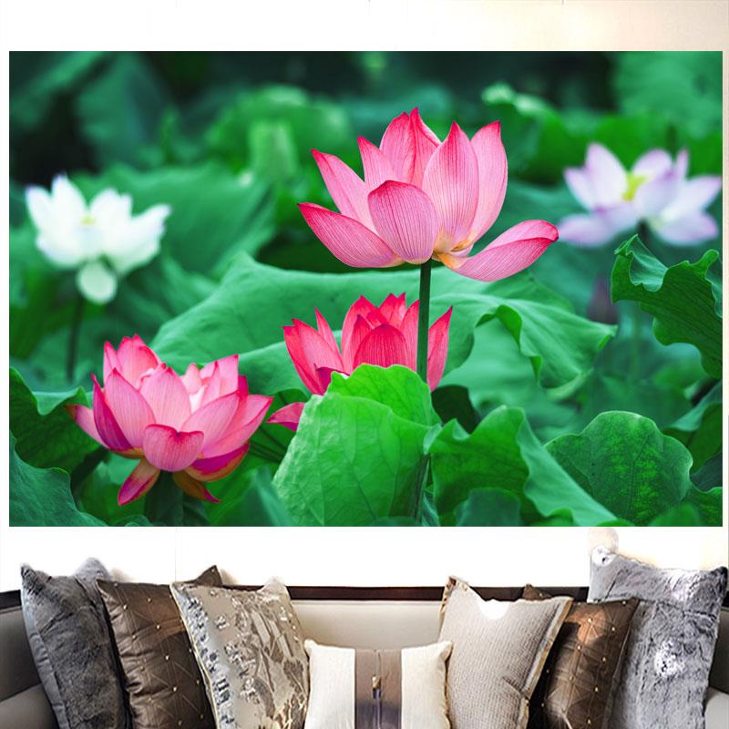 荷花山水画客厅办公室背景墙贴纸墙画荷叶荷花风景壁画卧室装饰画图片