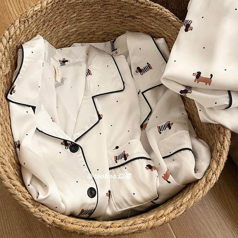 可爱腊肠狗睡衣男女生夏季短袖短裤冰丝卡通凉感情侣薄款家居服