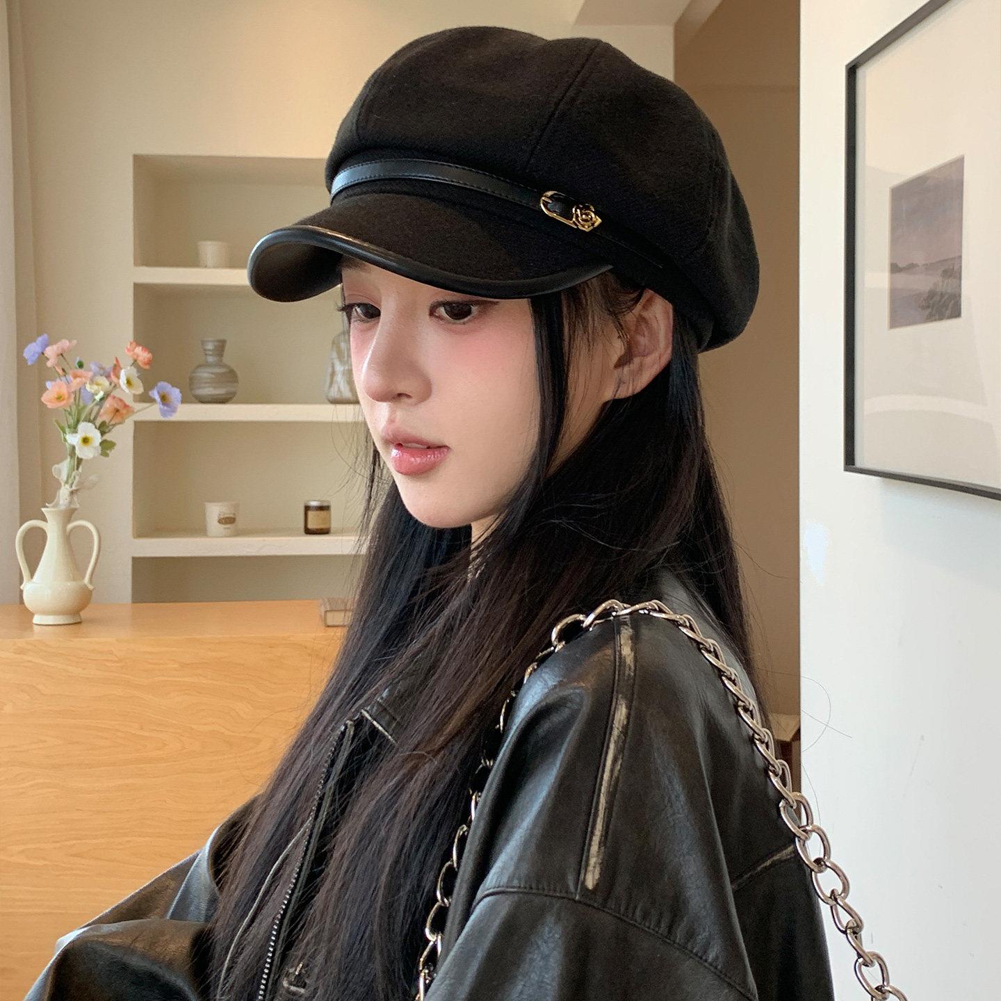 日系复古文艺风黑色鸭舌贝雷帽女休闲百搭气质显脸小八角云朵帽子