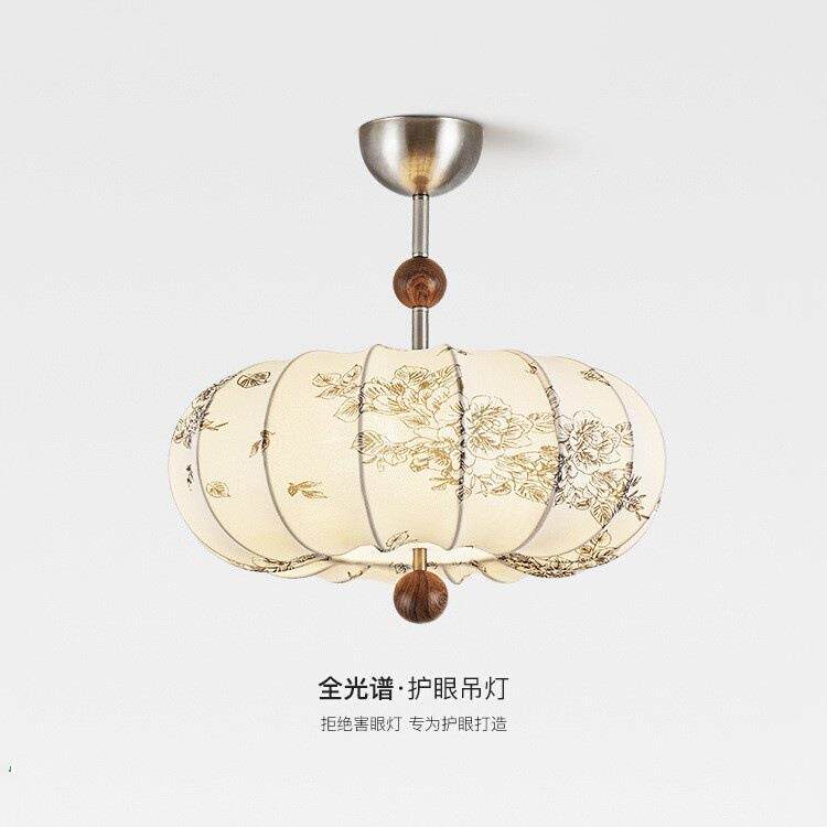中古奶油风卧室灯花朵印花布艺吊灯主卧房间护眼灯法式复古餐厅灯