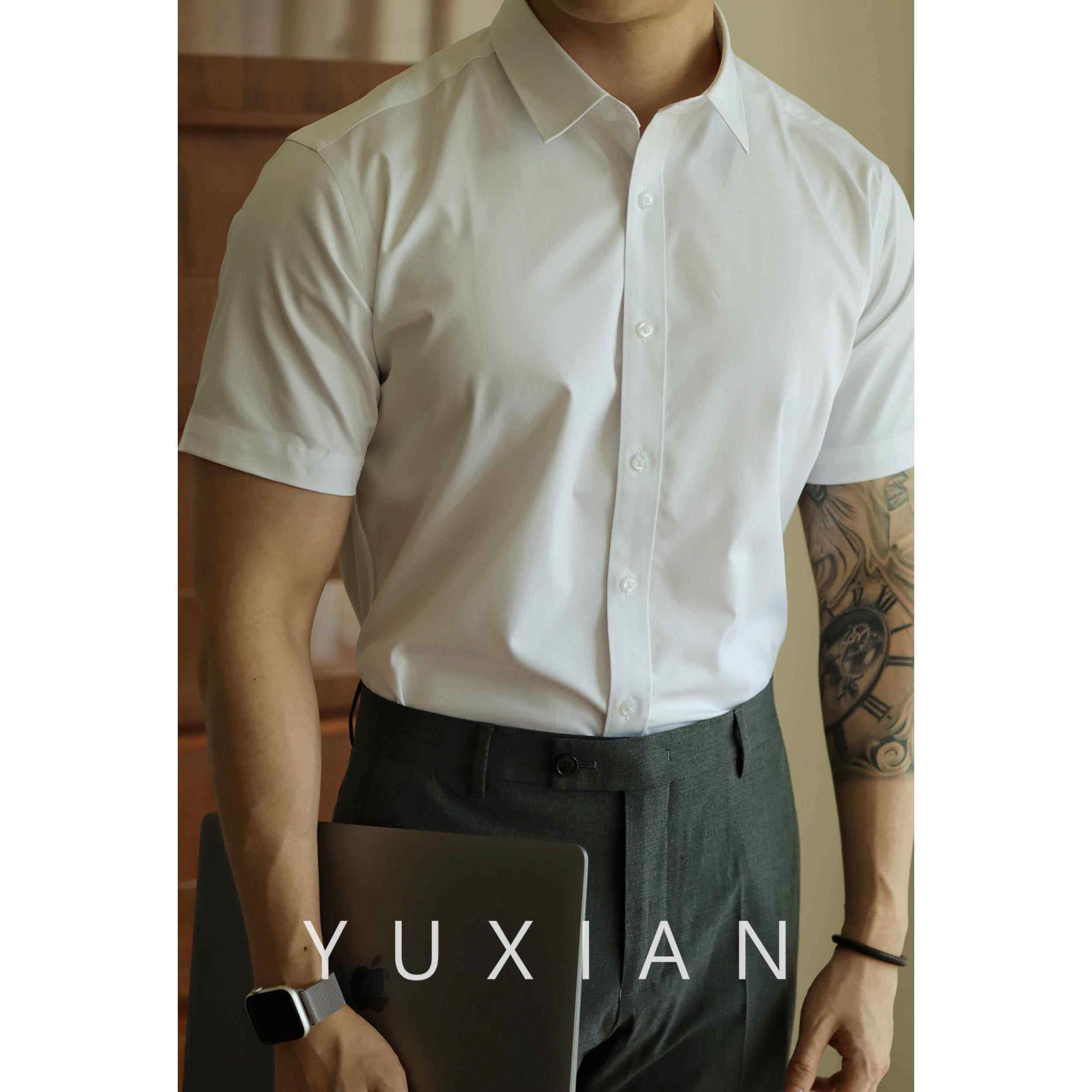 YUXIAN余 余闲 易打理抗皱免熨烫竹纤维短袖衬衫正装基础男士商务