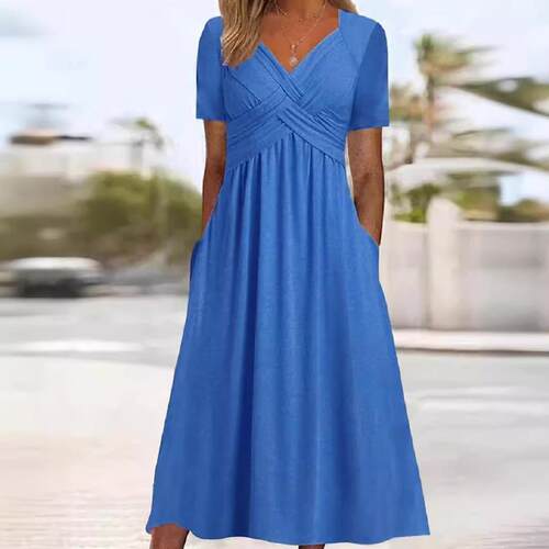 Short sleeved dress, long skirt, short sleeved collar,