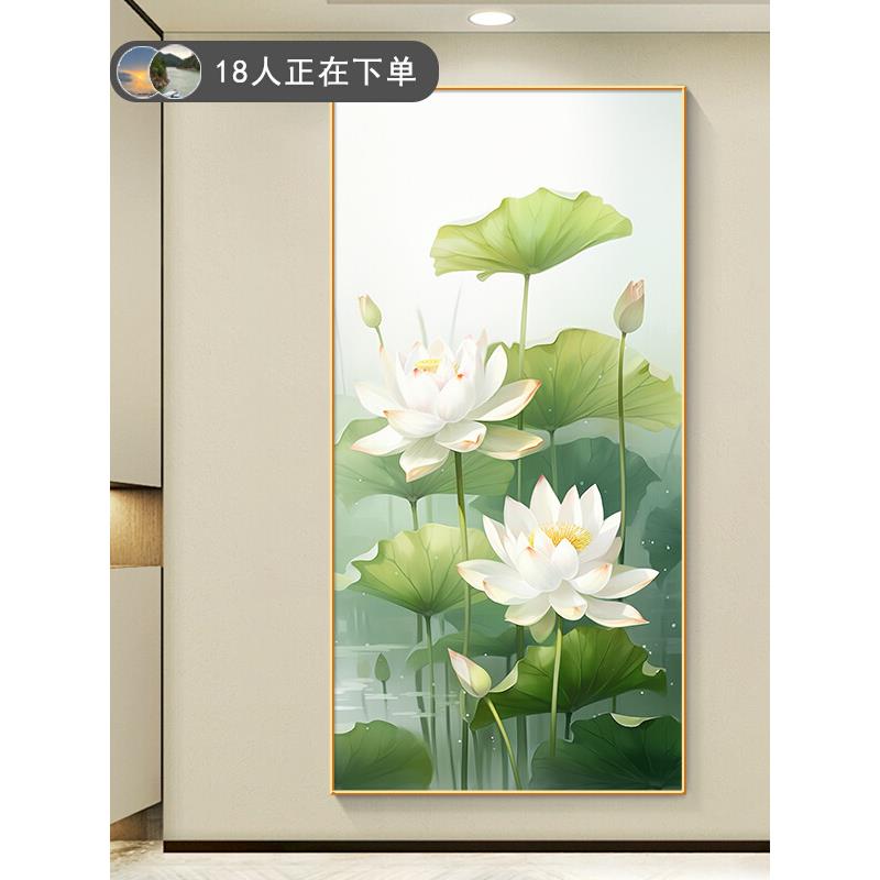 现代简约客厅装饰画荷花禅意玄关壁画和气生财寓意好走廊尽头挂画