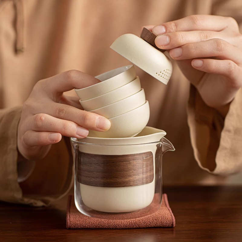 米黄釉便携式旅行茶具套装随身快客杯一壶四杯户外露营泡茶壶茶杯