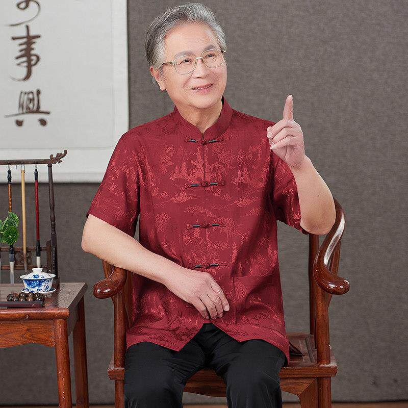 中老年唐装男爷爷夏季短袖套装老人衣服中国风冰丝爸爸装衬衫