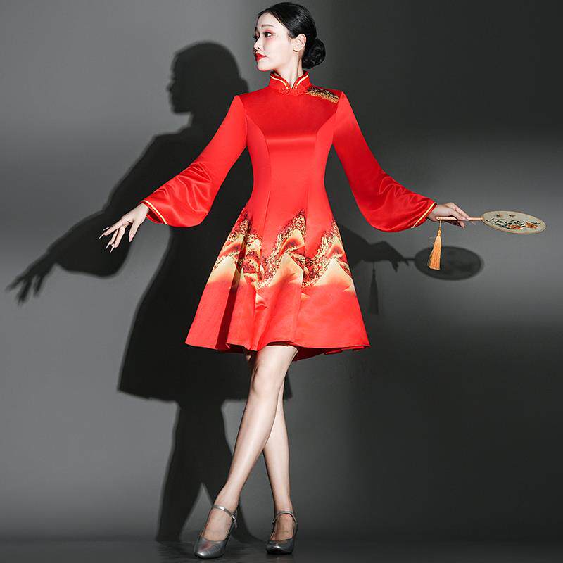 正品现代出服女成人中国衣演风旗袍舞蹈服装新款打鼓服舞快板连裙