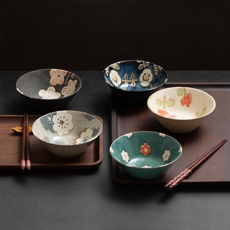美浓烧日本进口家用餐具釉下彩北欧风创意手绘四季花饭碗菜盘碟子